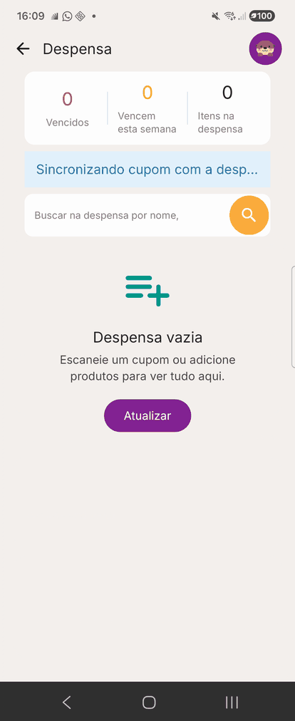 Tela real de despensa do PantryBuddy com item arroz e status de sincronizacao.