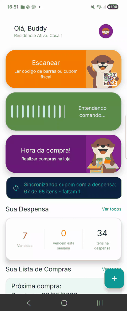Tela real do app PantryBuddy entendendo comando de voz no Hey Buddy.