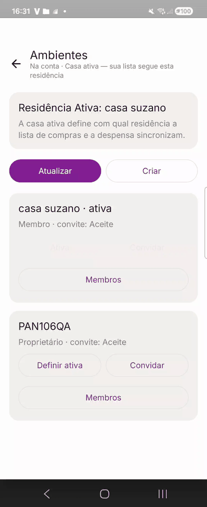 Tela real de selecao e gestao de residencias no PantryBuddy.